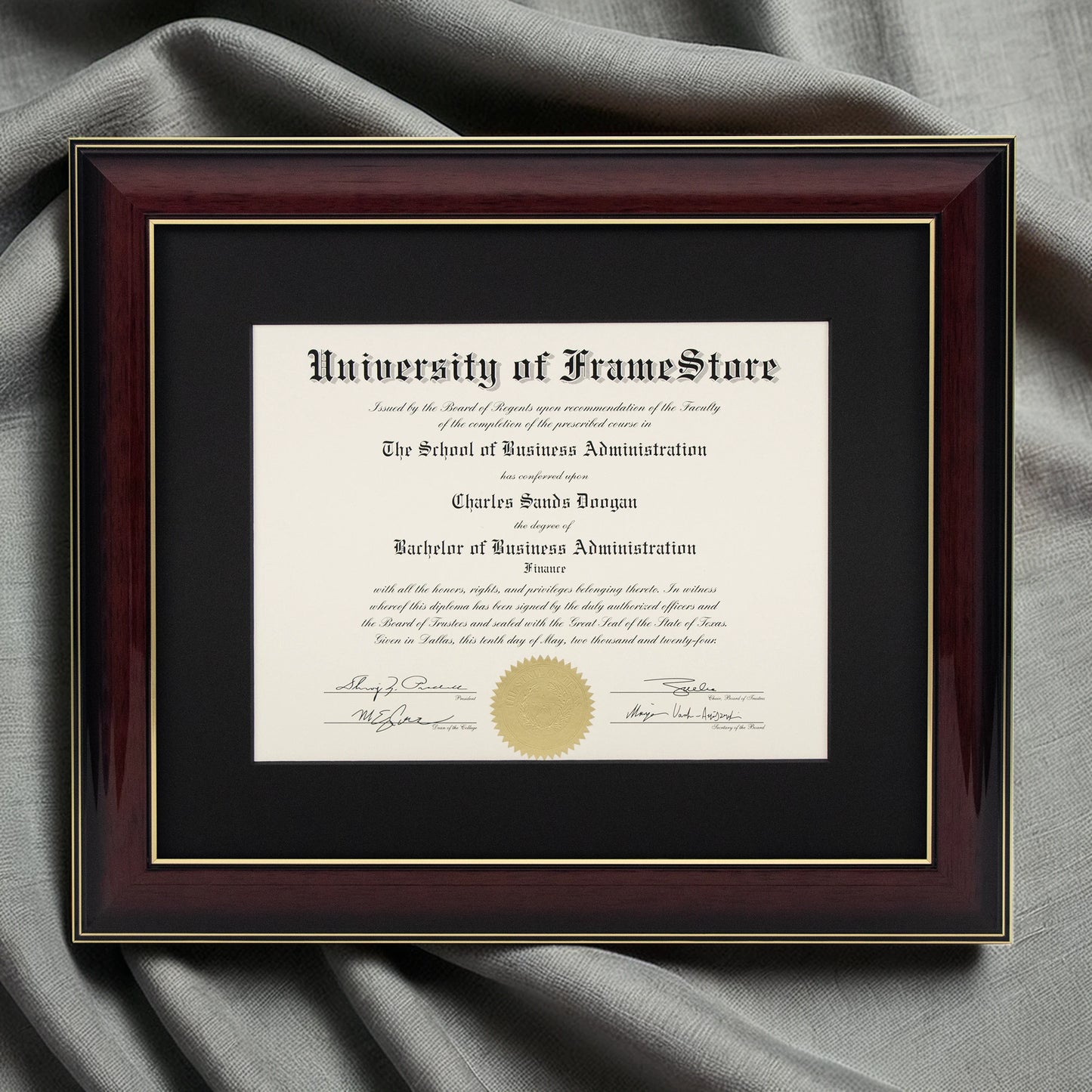 Glossy Mahogany Diploma Frame - Black Matboard - Luxurious Finish Against Soft Fabric