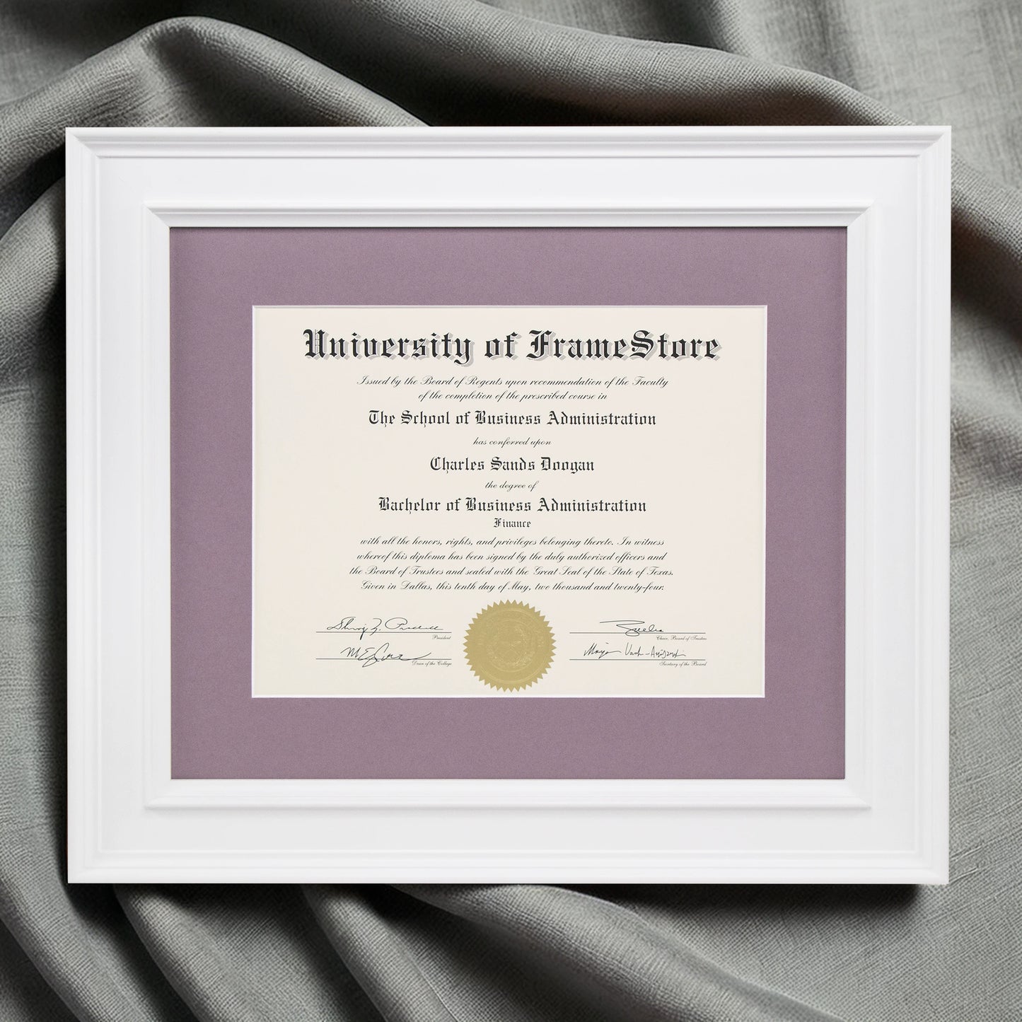 Matte White Diploma Frame - Lillac Matboard - Luxurious Finish Against Soft Fabric