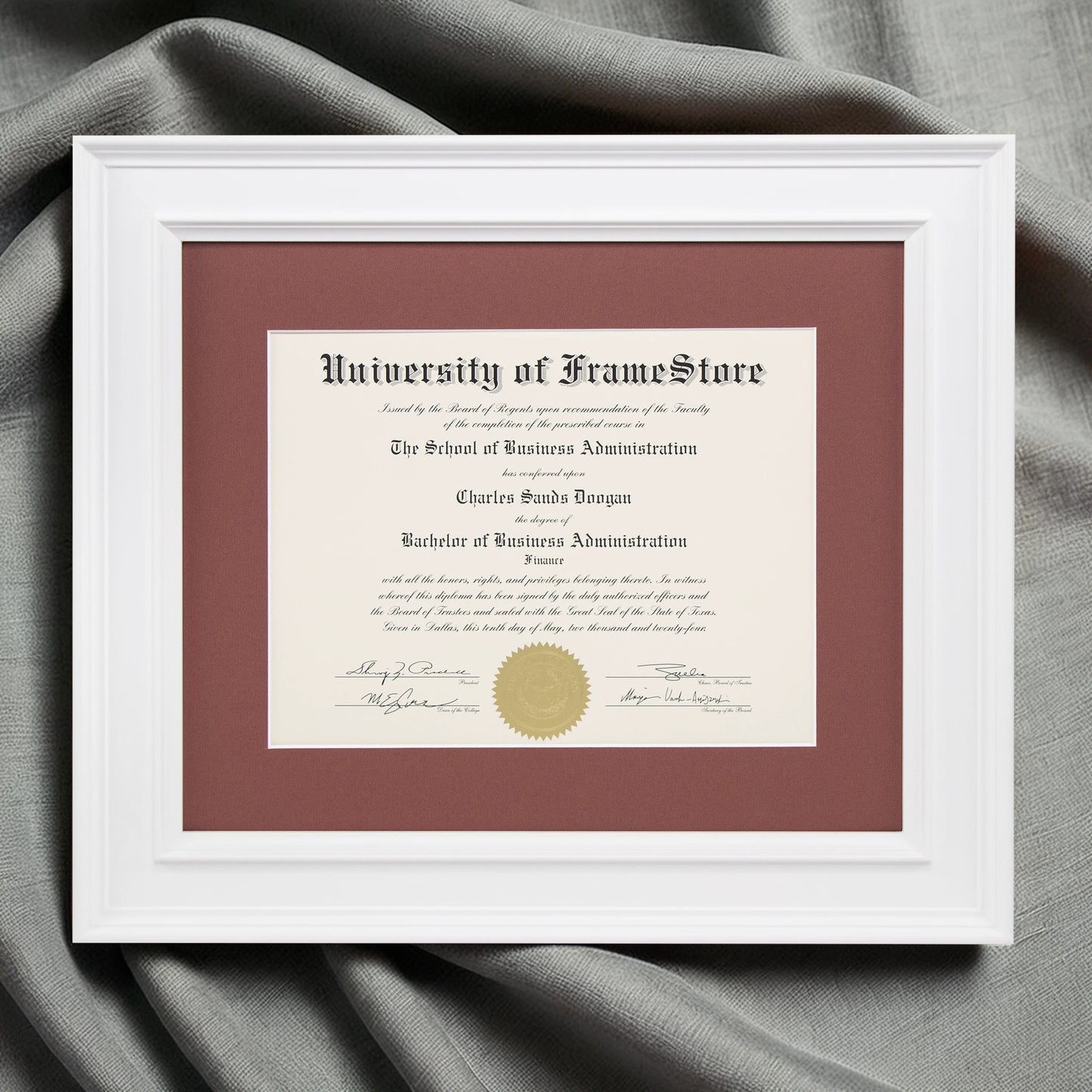 Matte White Diploma Frame - Deep Red Matboard - Luxurious Finish Against Soft Fabric