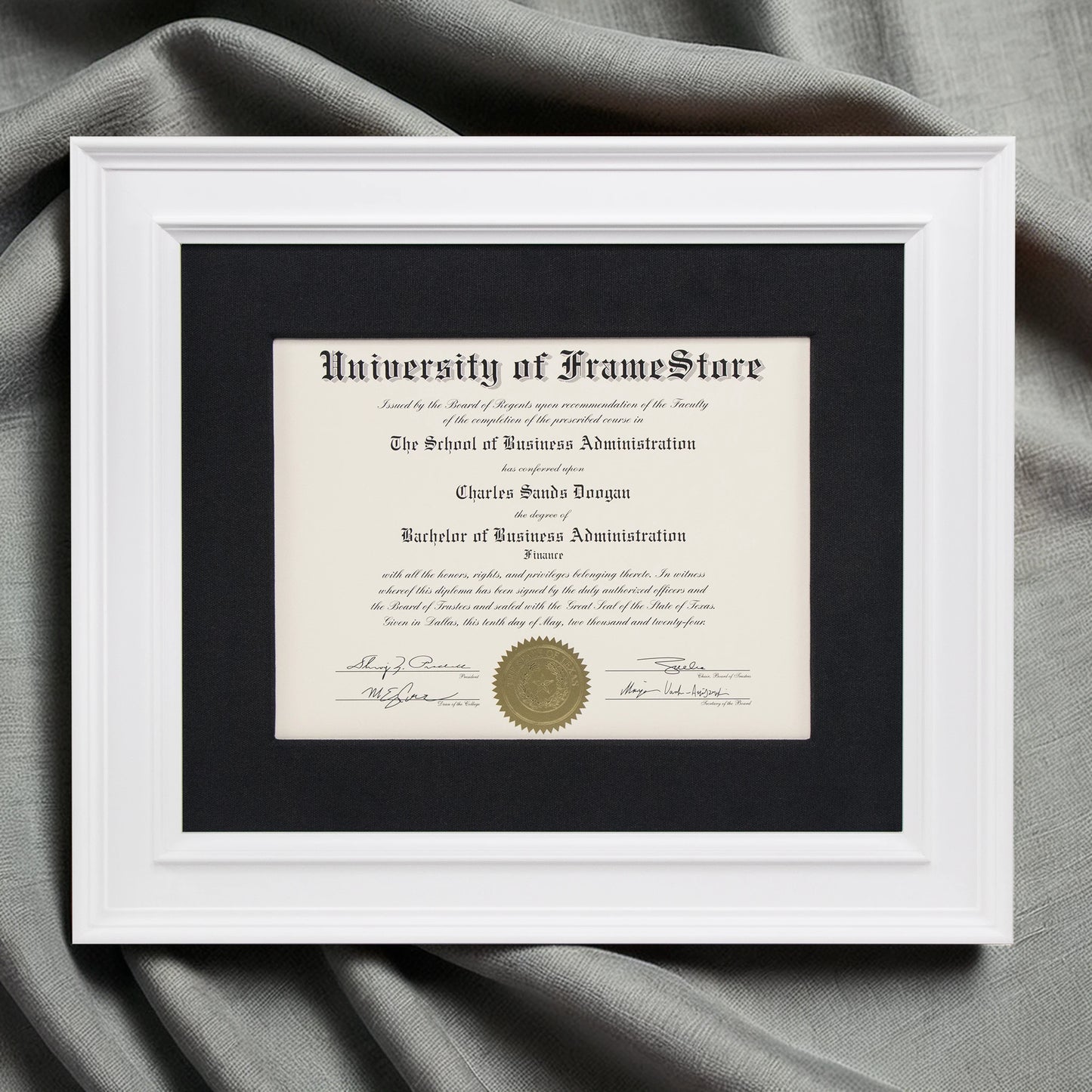 Matte White Diploma Frame - Black Cotton Matboard - Luxurious Finish Against Soft Fabric