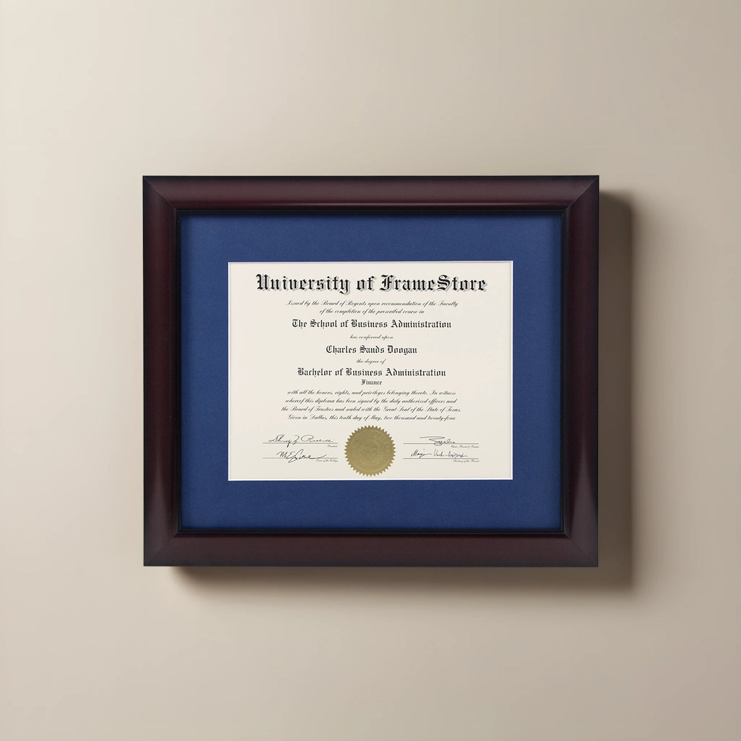 Classic Mahogany Diploma Frame - Deep Blue Matboard - Straight-On Display