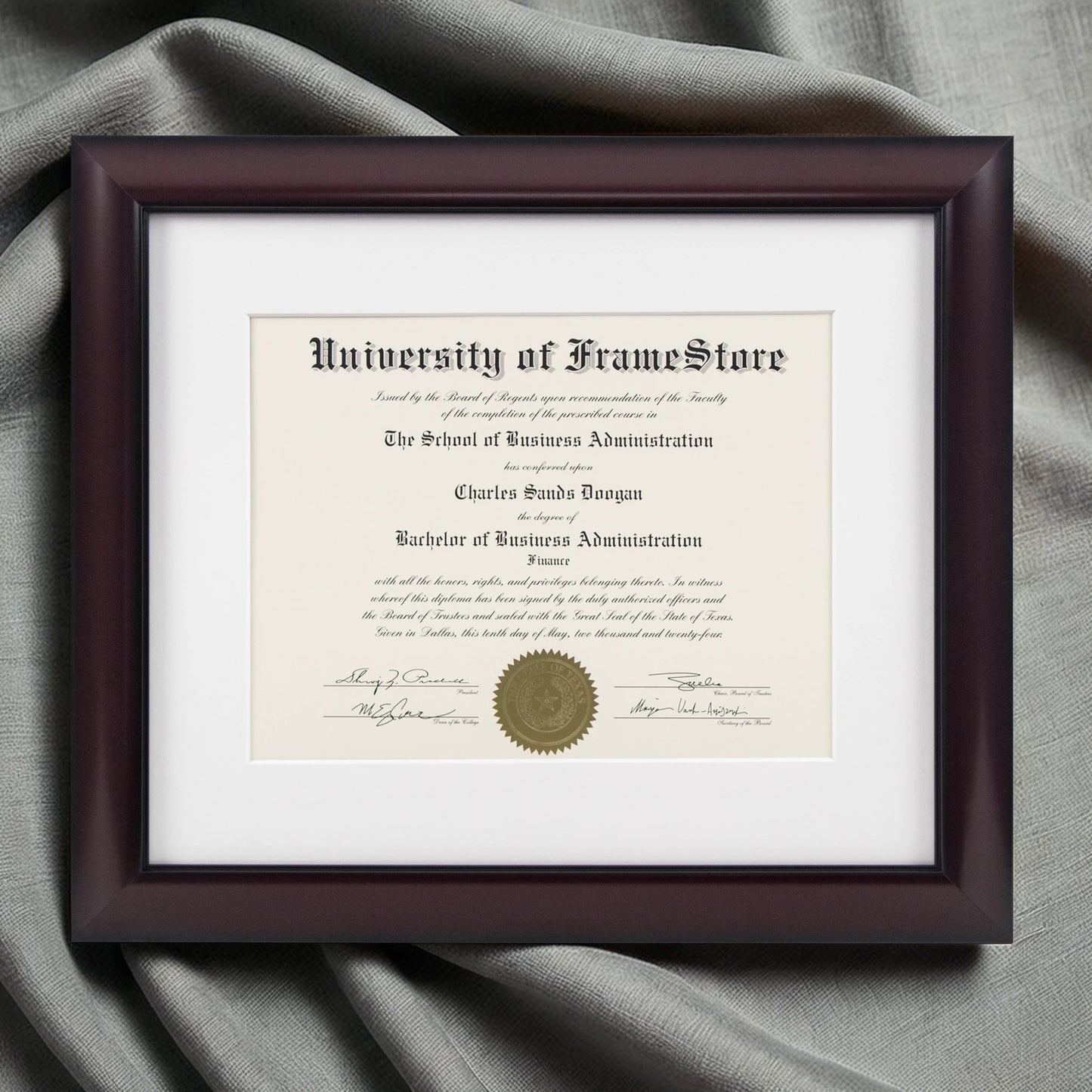 Classic Mahogany Diploma Frame - White Matboard - Luxurious Finish Against Soft Fabric