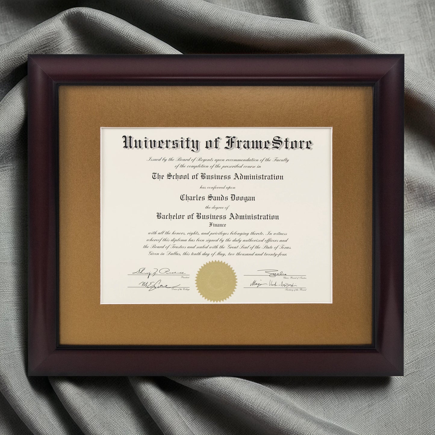 Classic Mahogany Diploma Frame - Gold Matboard - Luxurious Finish Against Soft Fabric