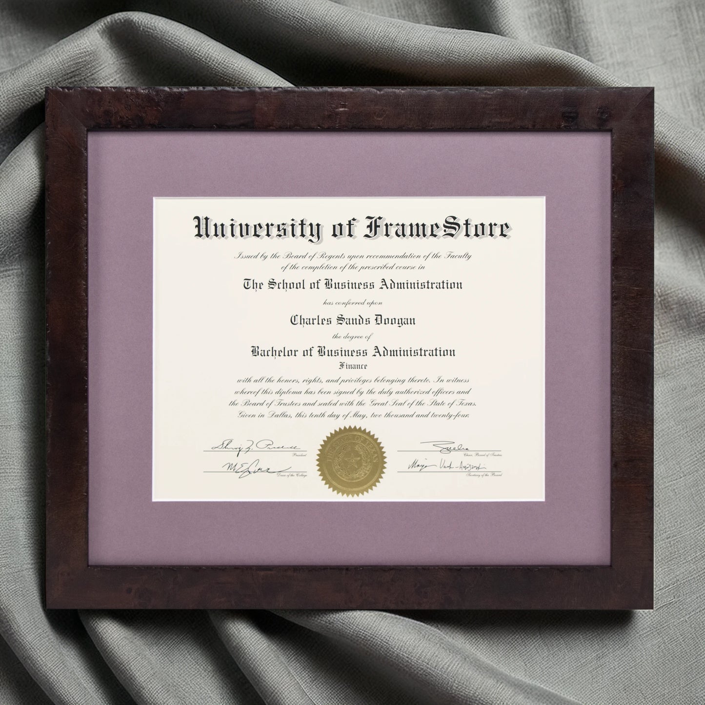 Modern Coffee Diploma Frame - Lillac Matboard - Luxurious Finish Against Soft Fabric