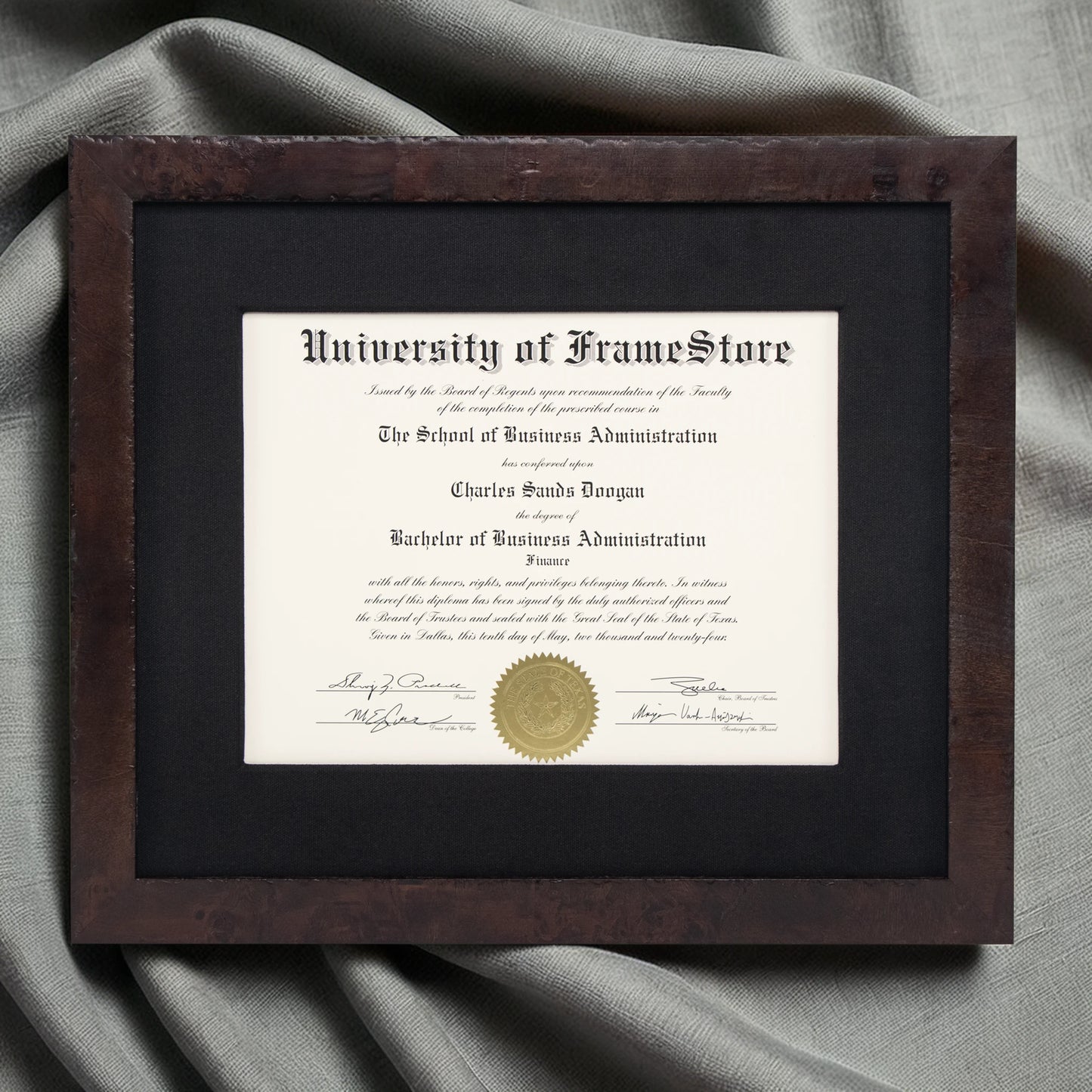 Modern Coffee Diploma Frame - Black Cotton Matboard - Luxurious Finish Against Soft Fabric