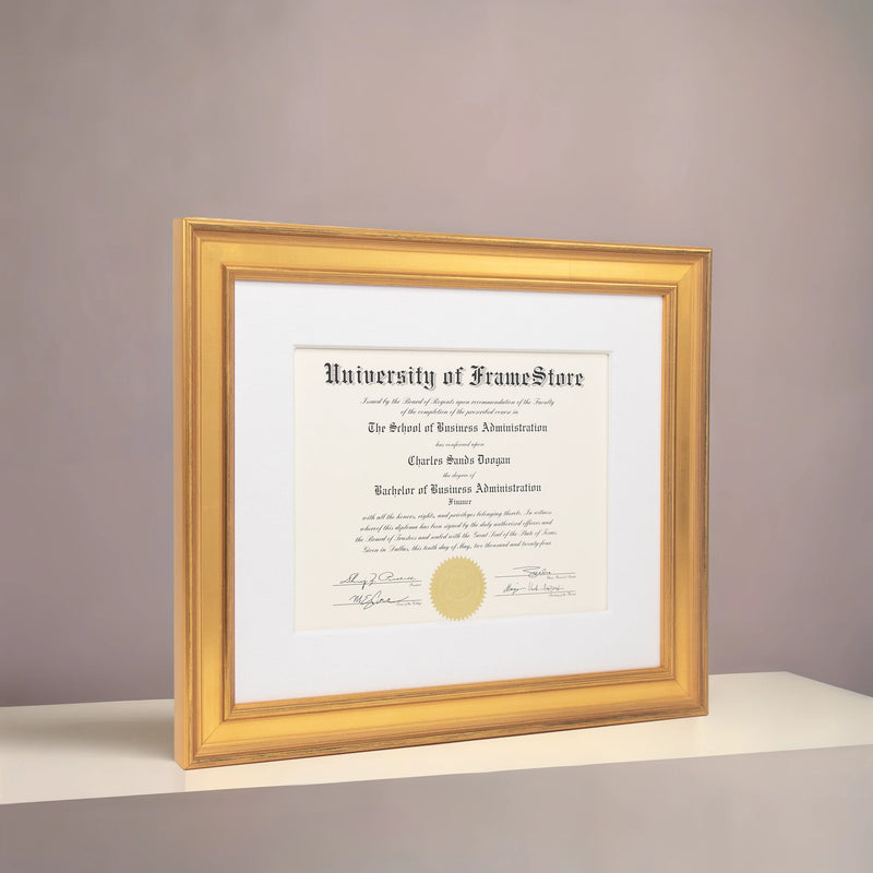 Genuine Gold Leaf Diploma Frame - White Cotton Matboard - Angled Perspective for Depth