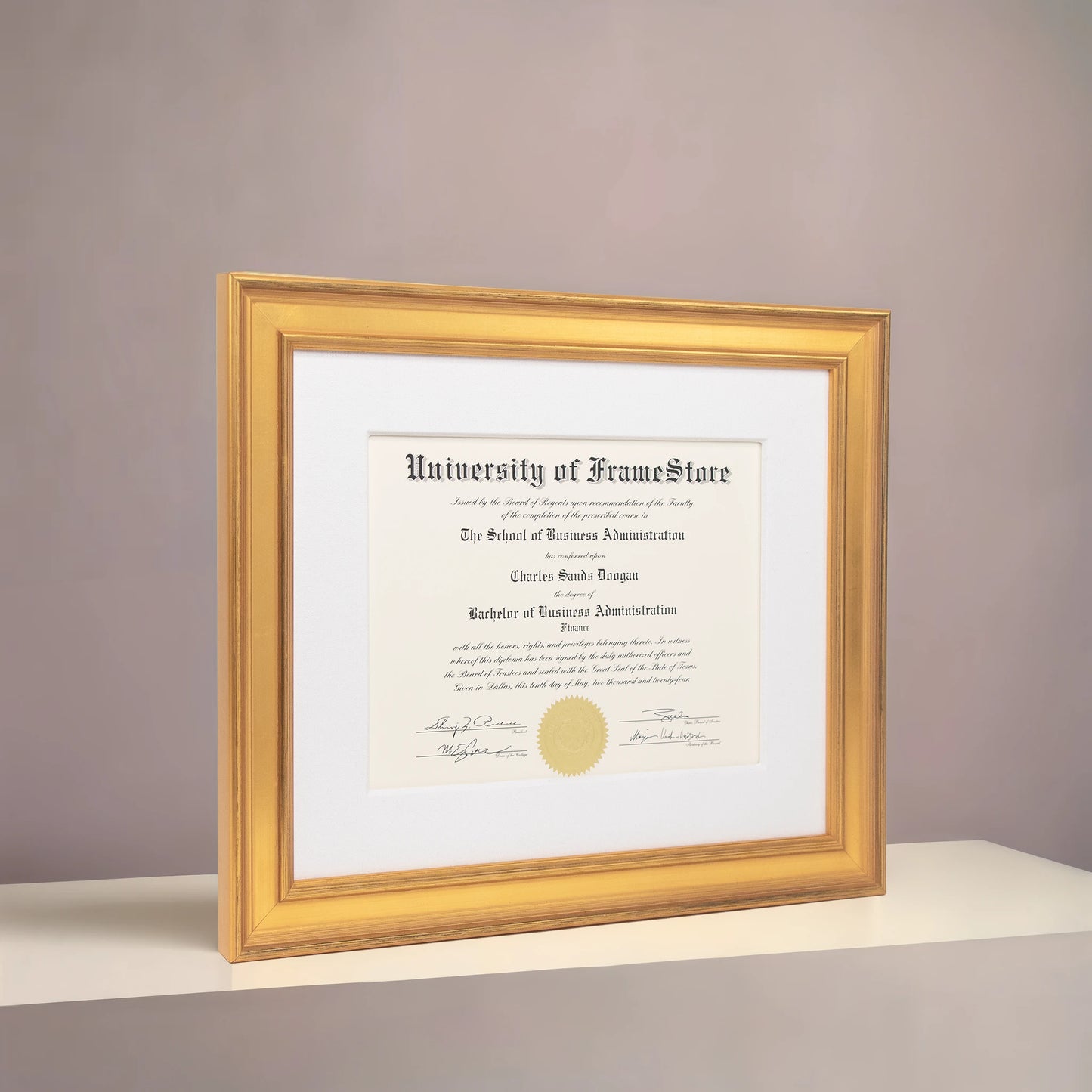 Genuine Gold Leaf Diploma Frame - White Cotton Matboard - Angled Perspective for Depth