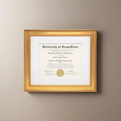 Genuine Gold Leaf Diploma Frame - White Cotton Matboard - Straight-On Display