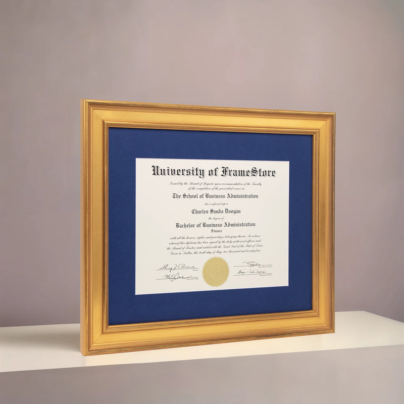 Genuine Gold Leaf Diploma Frame - Deep Blue Matboard - Angled Perspective for Depth