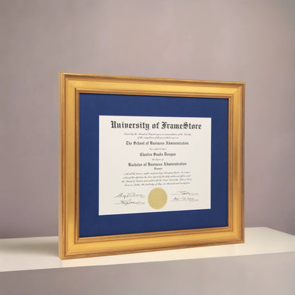 Genuine Gold Leaf Diploma Frame - Deep Blue Matboard - Angled Perspective for Depth