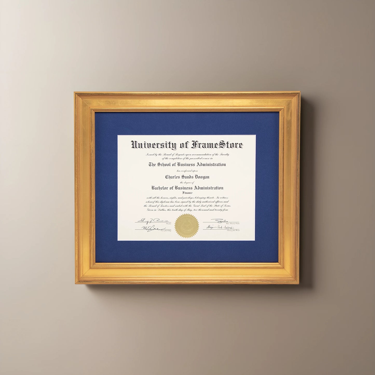 Genuine Gold Leaf Diploma Frame - Deep Blue Matboard - Straight-On Display