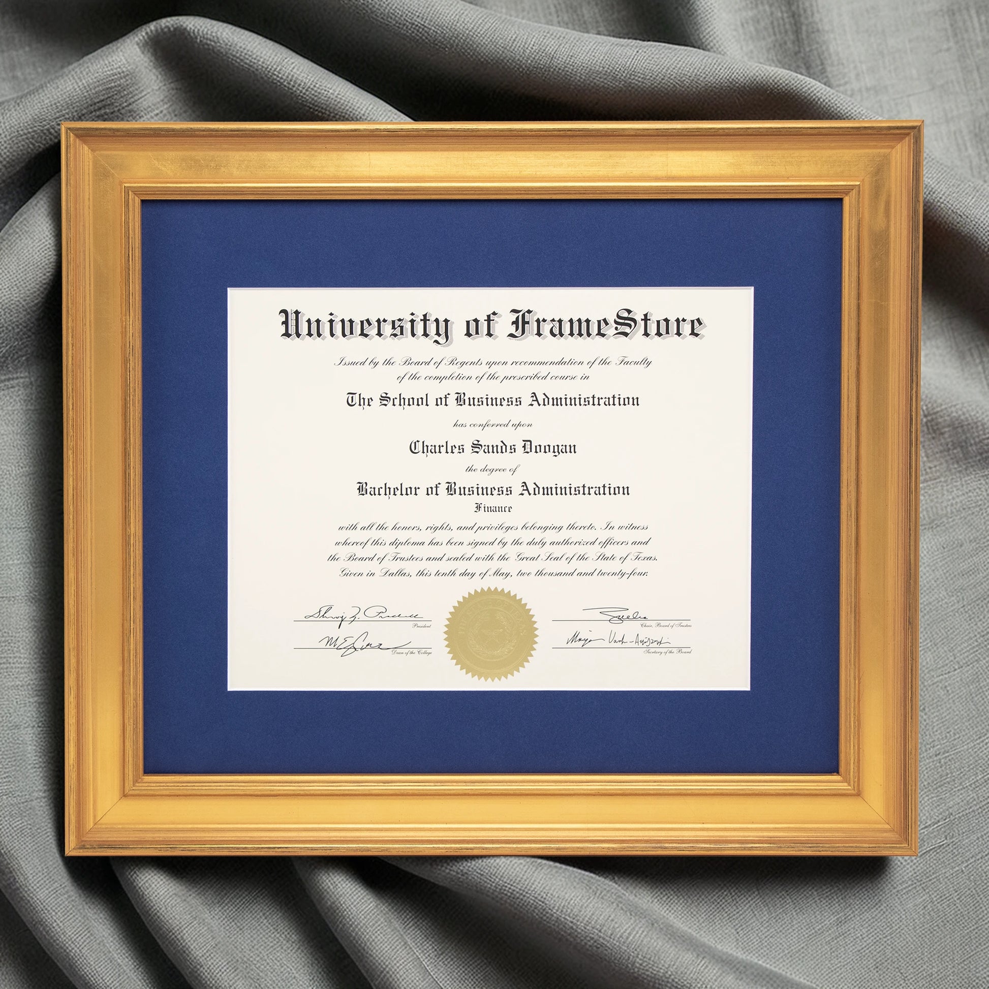 Genuine Gold Leaf Diploma Frame - Deep Blue Matboard - Luxurious Finish Against Soft Fabric