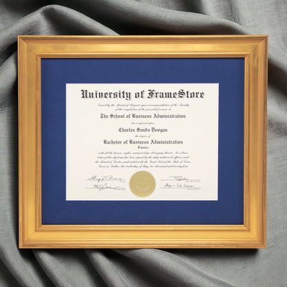 Genuine Gold Leaf Diploma Frame - Deep Blue Matboard - Luxurious Finish Against Soft Fabric