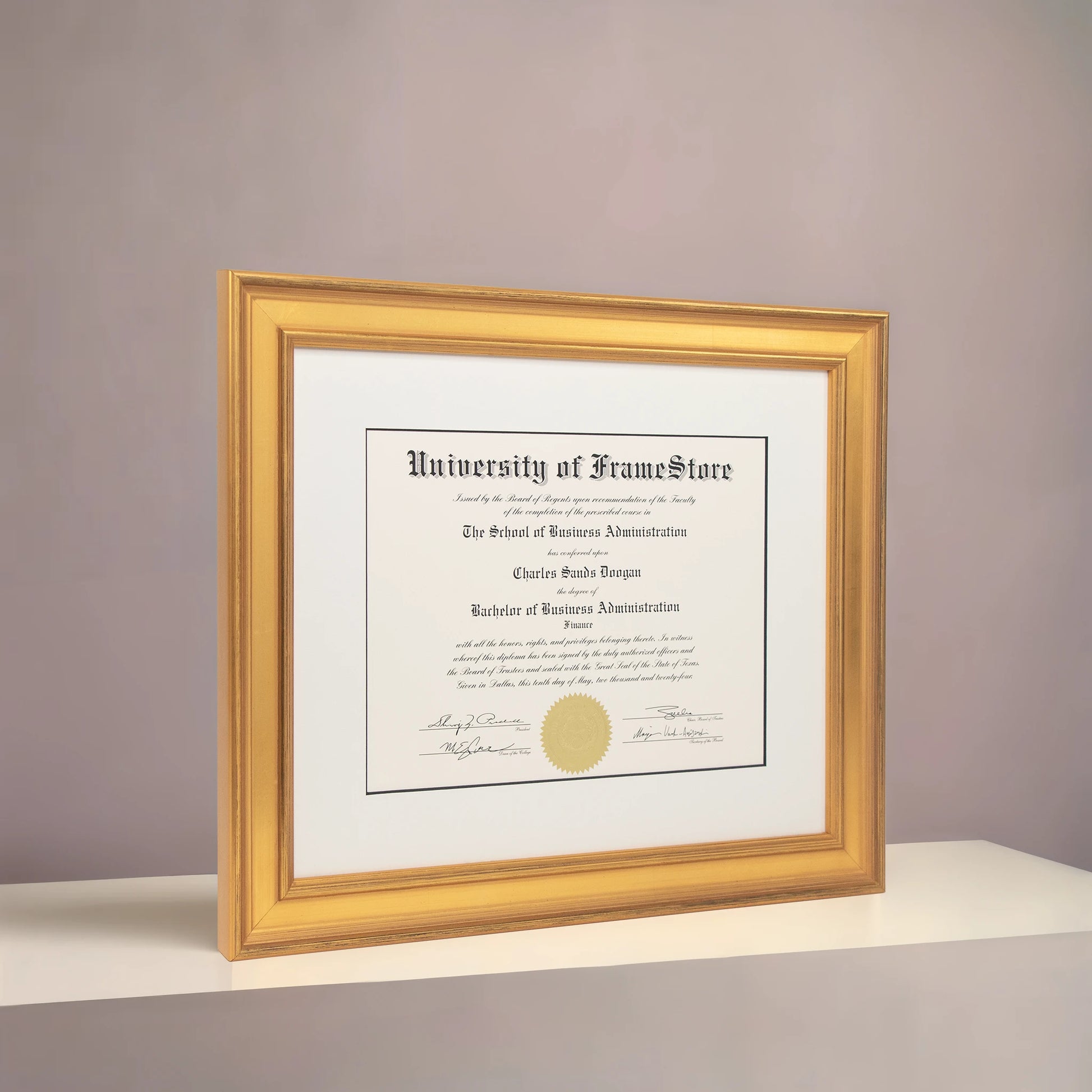 Genuine Gold Leaf Diploma Frame - Dove Matboard - Angled Perspective for Depth