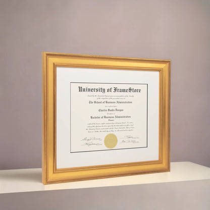 Genuine Gold Leaf Diploma Frame - Dove Matboard - Angled Perspective for Depth