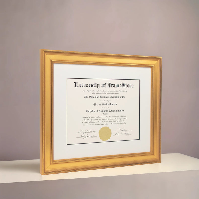 Genuine Gold Leaf Diploma Frame - Dove Matboard - Angled Perspective for Depth