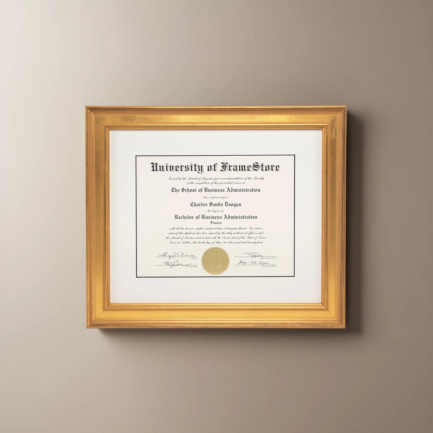 Genuine Gold Leaf Diploma Frame - Dove Matboard - Straight-On Display