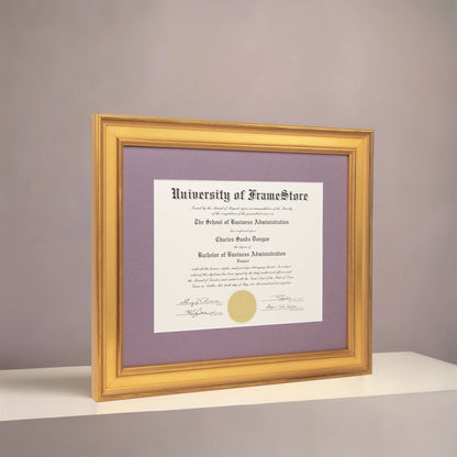 Genuine Gold Leaf Diploma Frame - Lillac Matboard - Angled Perspective for Depth