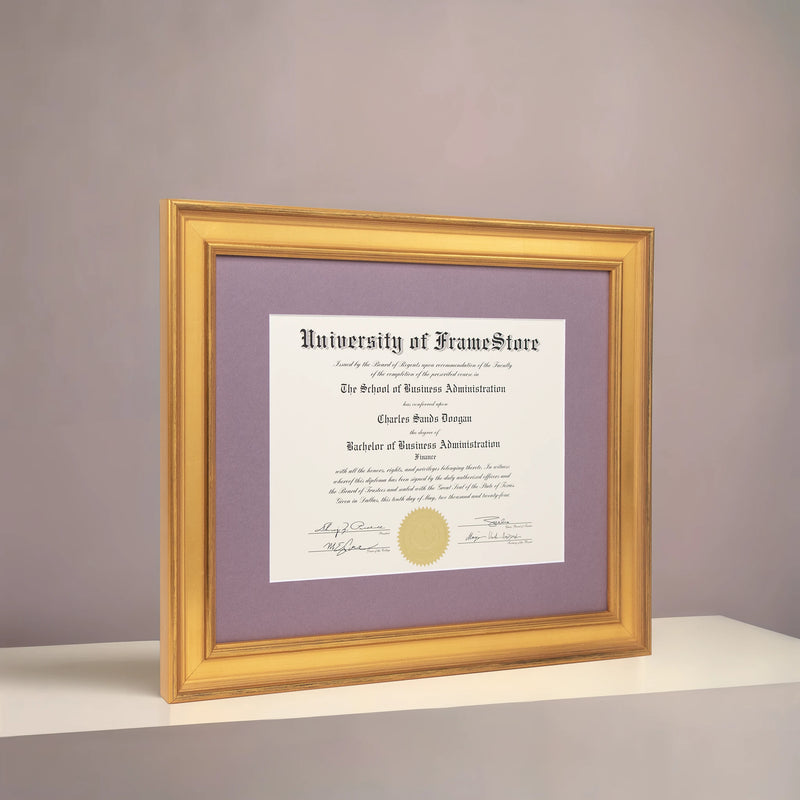 Genuine Gold Leaf Diploma Frame - Lillac Matboard - Angled Perspective for Depth