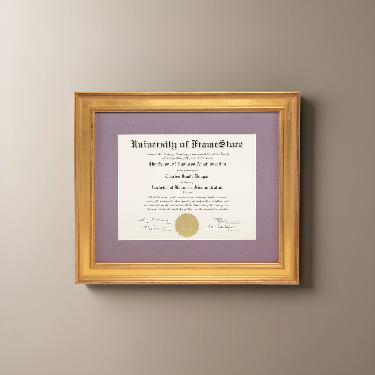 Genuine Gold Leaf Diploma Frame - Lillac Matboard - Straight-On Display