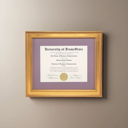 Genuine Gold Leaf Diploma Frame - Lillac Matboard - Straight-On Display
