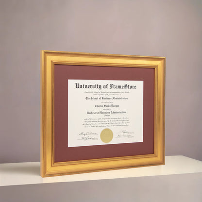 Genuine Gold Leaf Diploma Frame - Deep Red Matboard - Angled Perspective for Depth