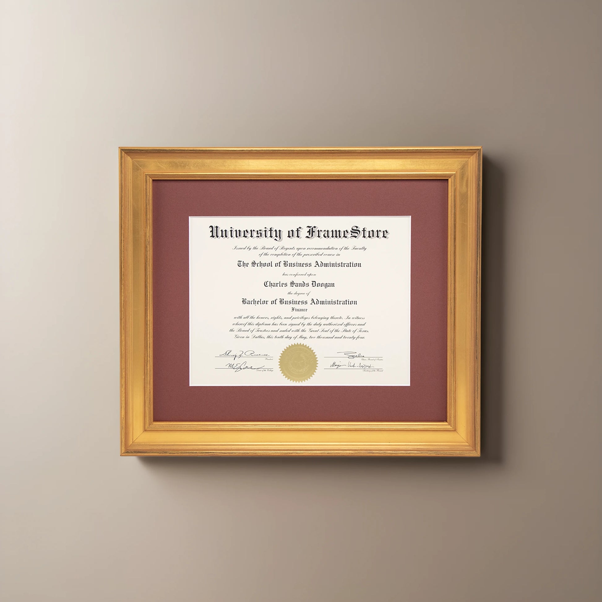 Genuine Gold Leaf Diploma Frame - Deep Red Matboard - Straight-On Display