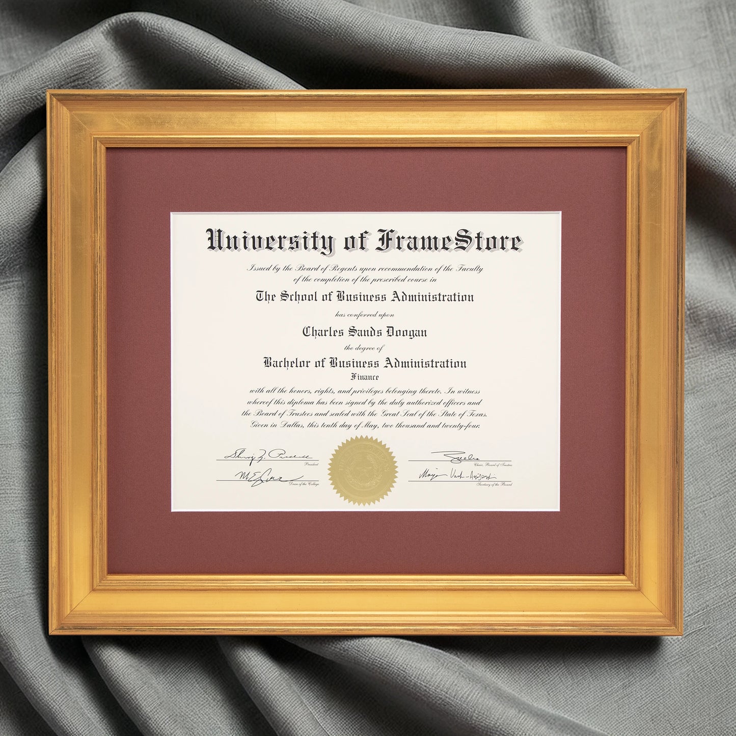 Genuine Gold Leaf Diploma Frame - Deep Red Matboard - Luxurious Finish Against Soft Fabric