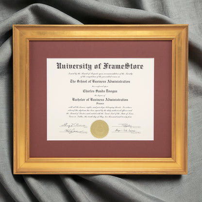 Genuine Gold Leaf Diploma Frame - Deep Red Matboard - Luxurious Finish Against Soft Fabric