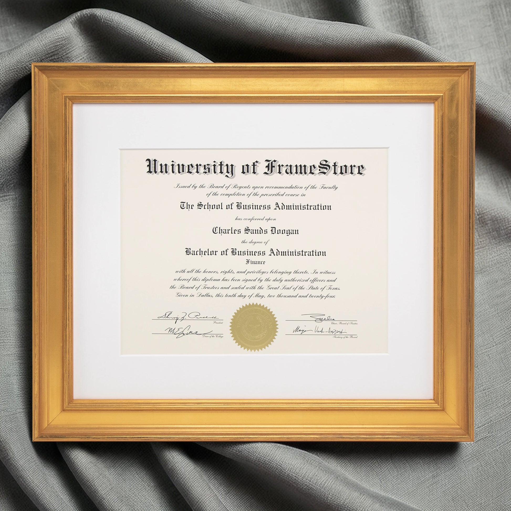 Genuine Gold Leaf Diploma Frame - White Matboard - Luxurious Finish Against Soft Fabric