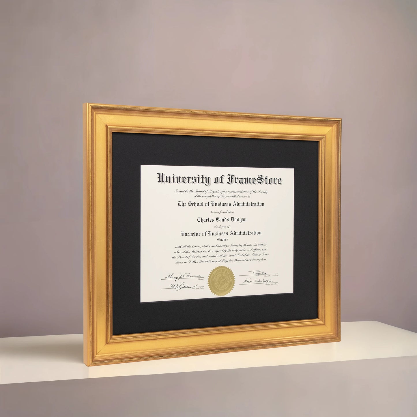 Genuine Gold Leaf Diploma Frame - Black Matboard - Angled Perspective for Depth