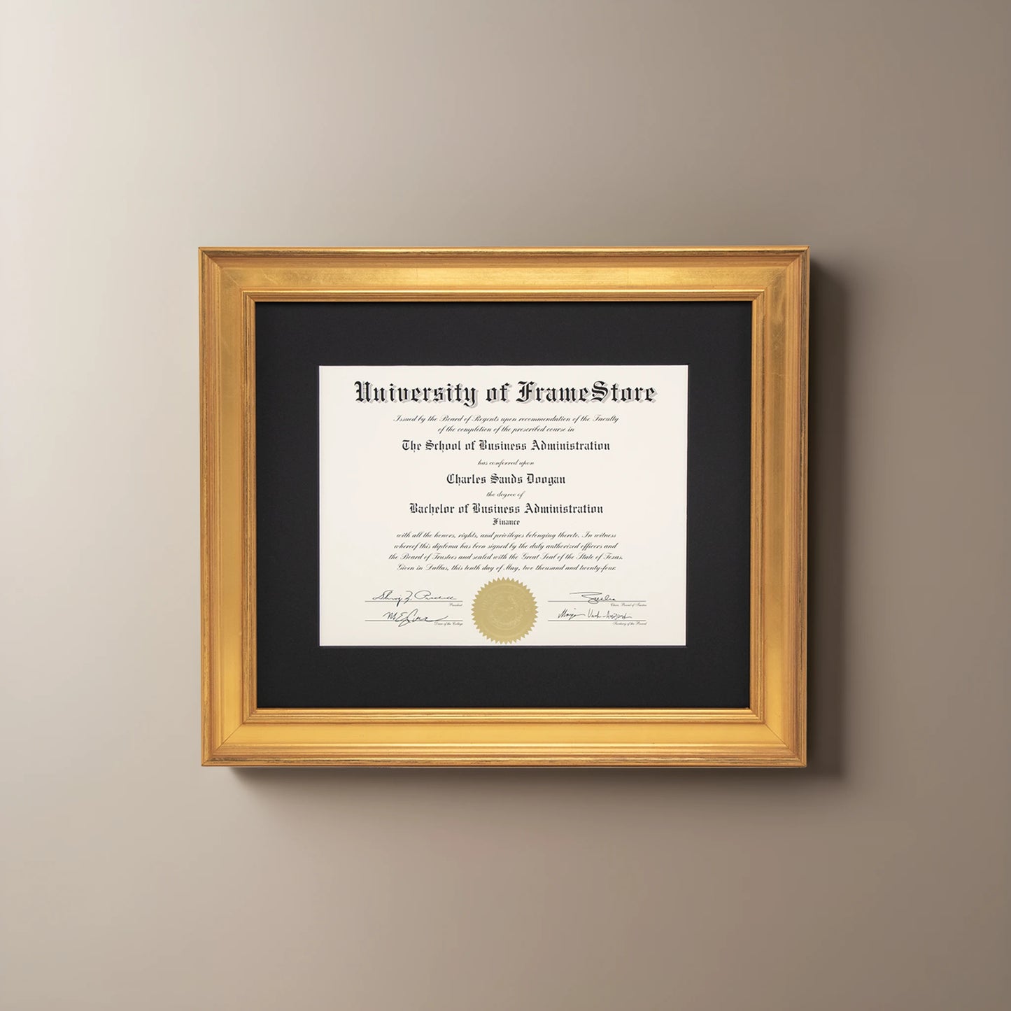 Genuine Gold Leaf Diploma Frame - Black Matboard - Straight-On Display
