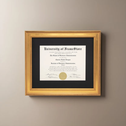Genuine Gold Leaf Diploma Frame - Black Matboard - Straight-On Display