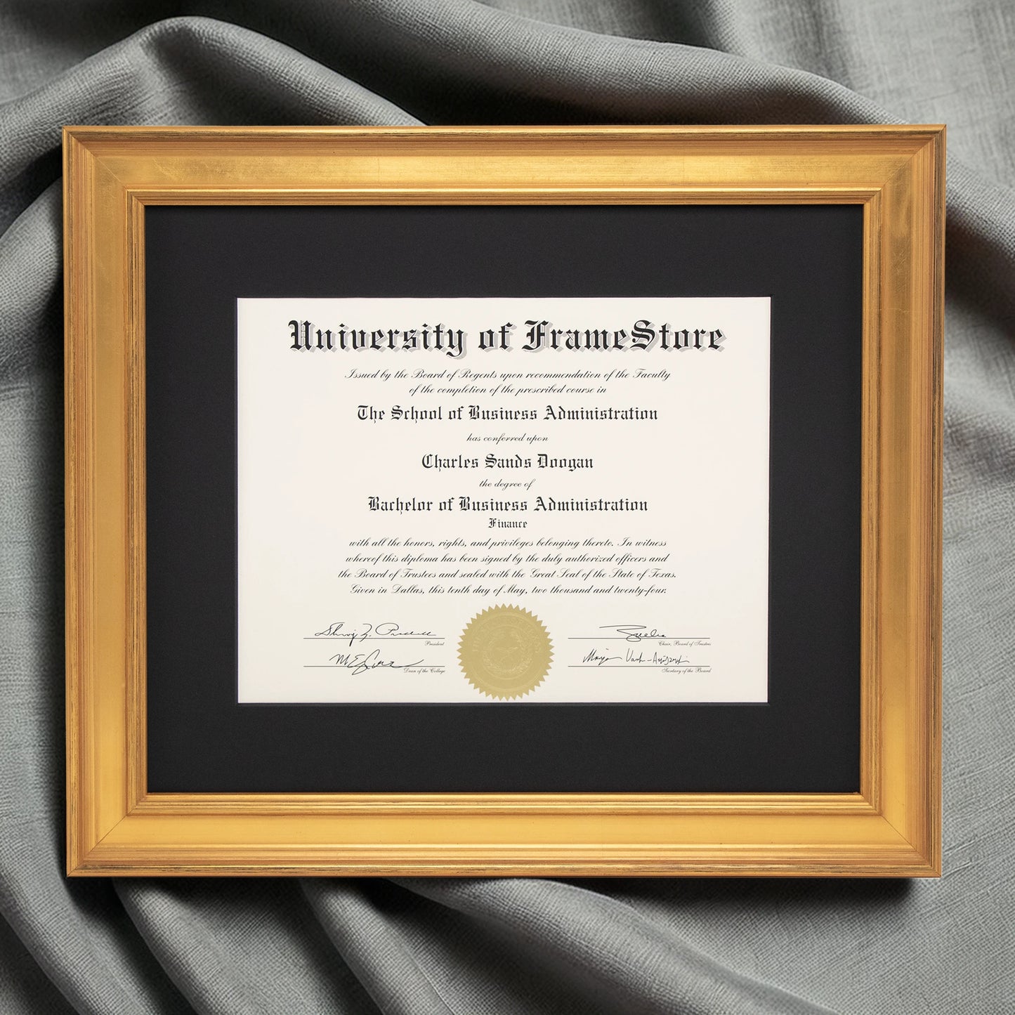 Genuine Gold Leaf Diploma Frame - Black Matboard - Luxurious Finish Against Soft Fabric