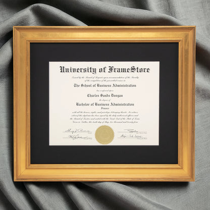Genuine Gold Leaf Diploma Frame - Black Matboard - Luxurious Finish Against Soft Fabric