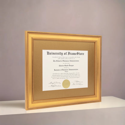 Genuine Gold Leaf Diploma Frame - Gold Matboard - Angled Perspective for Depth