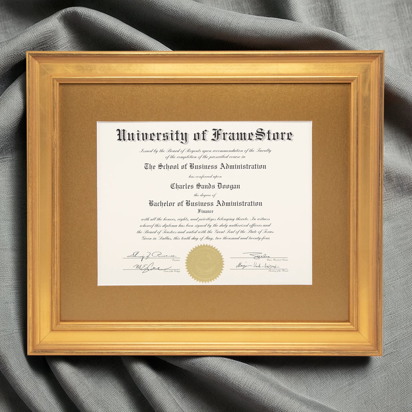 Genuine Gold Leaf Diploma Frame - Gold Matboard - Luxurious Finish Against Soft Fabric