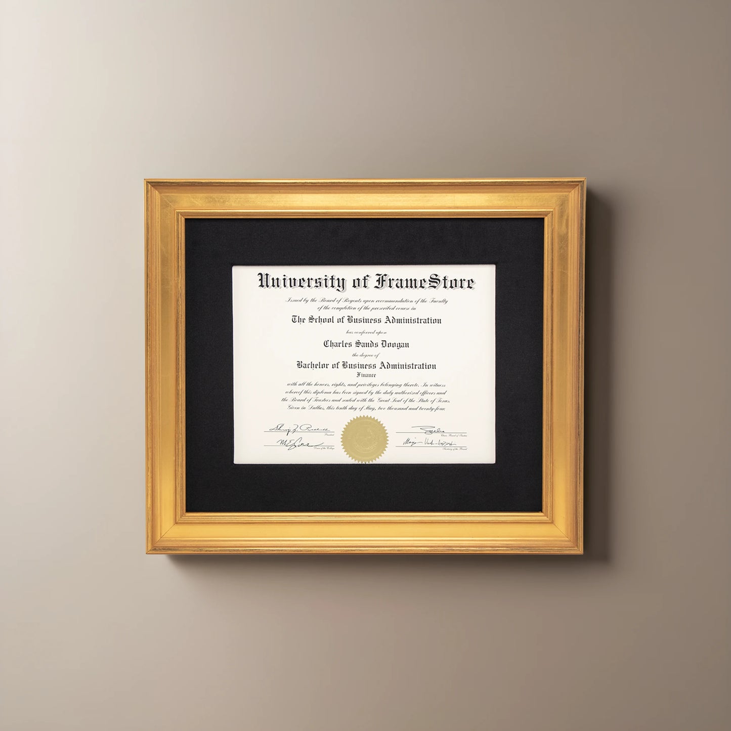 Genuine Gold Leaf Diploma Frame - Black Cotton Matboard - Straight-On Display