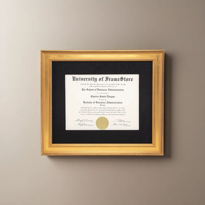 Genuine Gold Leaf Diploma Frame - Black Cotton Matboard - Straight-On Display