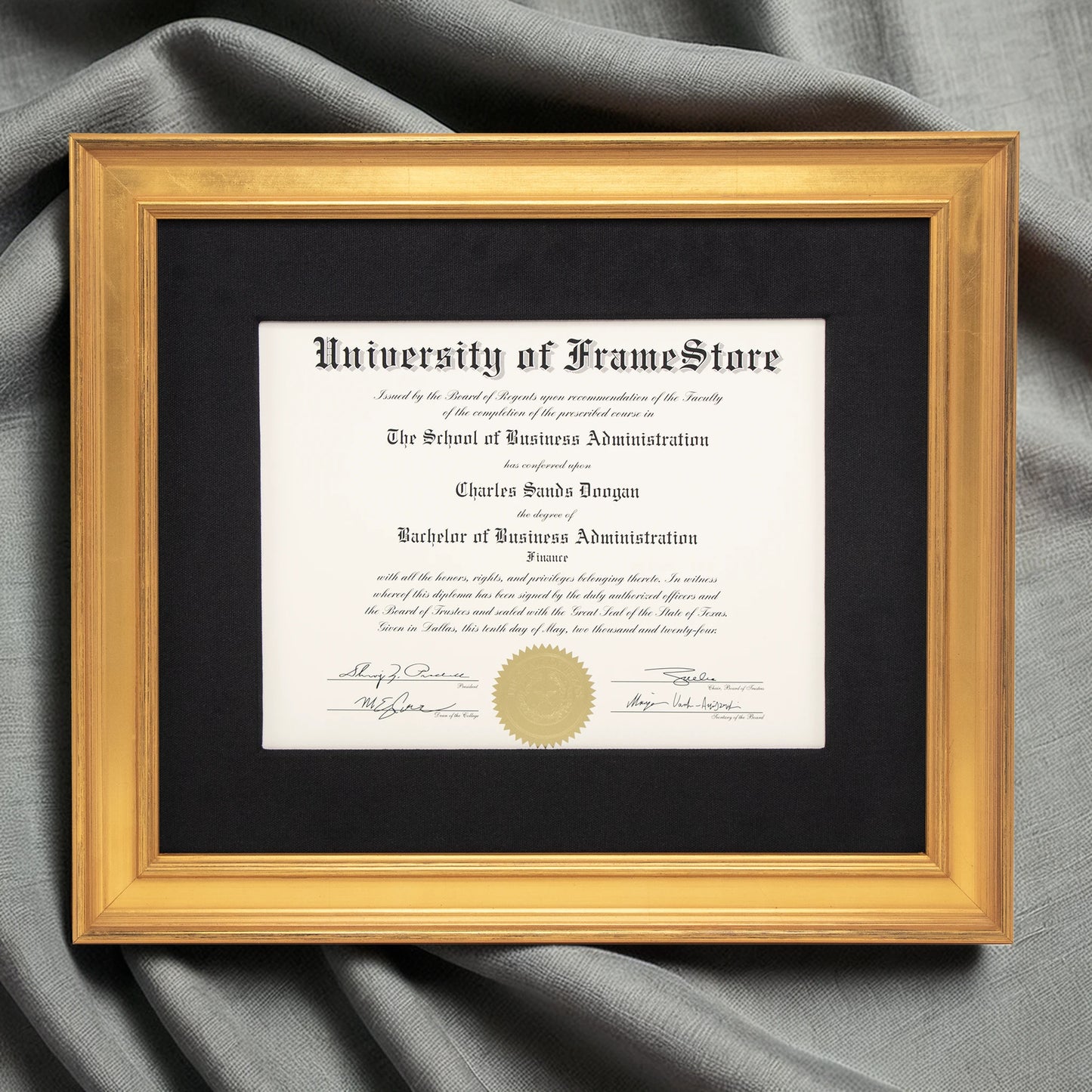 Genuine Gold Leaf Diploma Frame - Black Cotton Matboard - Luxurious Finish Against Soft Fabric