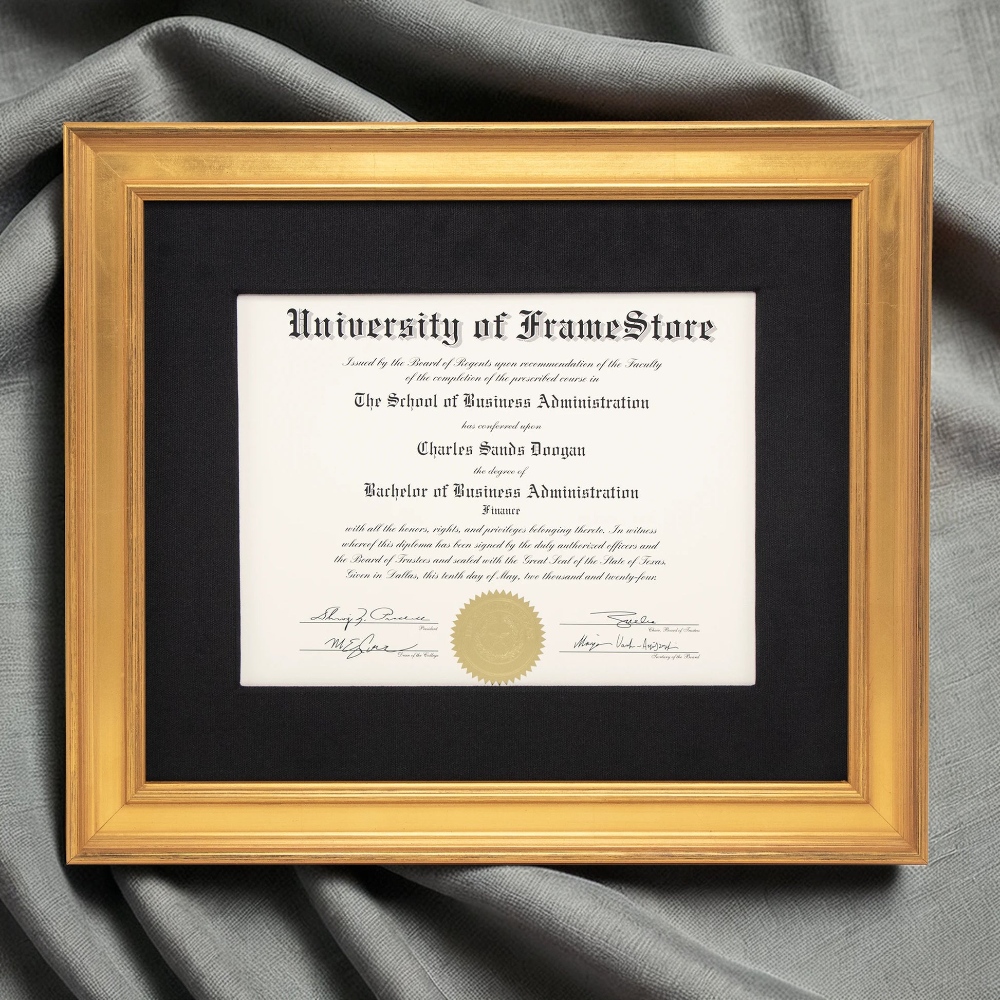 Genuine Gold Leaf Diploma Frame - Black Cotton Matboard - Luxurious Finish Against Soft Fabric