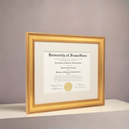 Genuine Gold Leaf Diploma Frame - Off-White Cotton Matboard - Angled Perspective for Depth