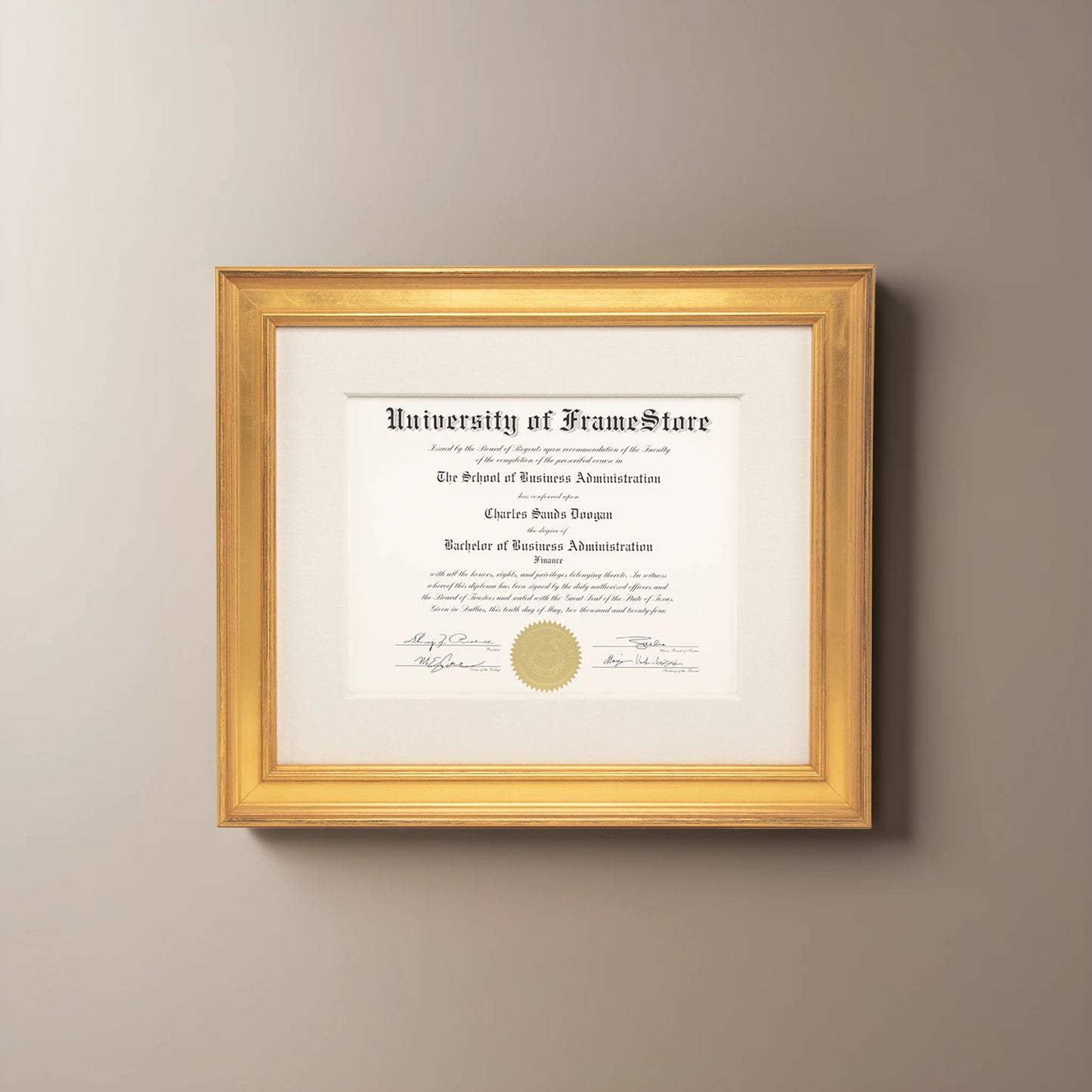 Genuine Gold Leaf Diploma Frame - Off-White Cotton Matboard - Straight-On Display