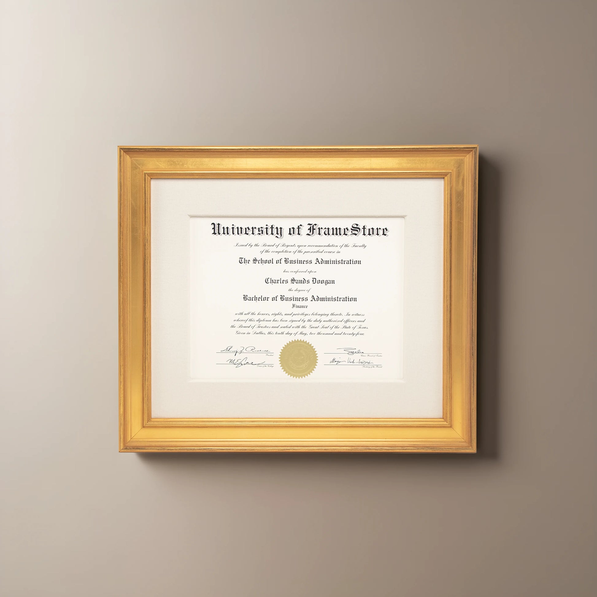 Genuine Gold Leaf Diploma Frame - Off-White Cotton Matboard - Straight-On Display