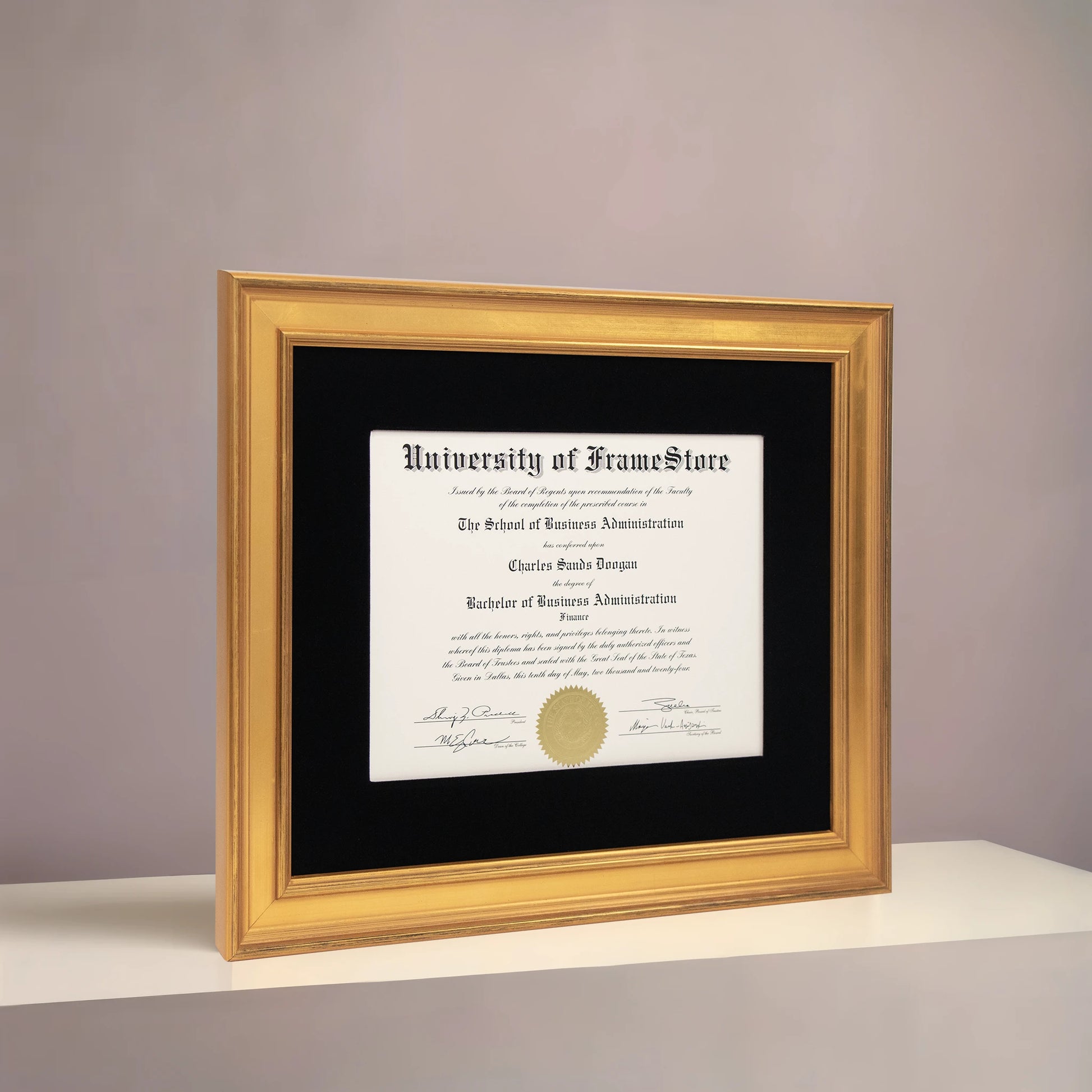Genuine Gold Leaf Diploma Frame - Black Velvet Matboard - Angled Perspective for Depth