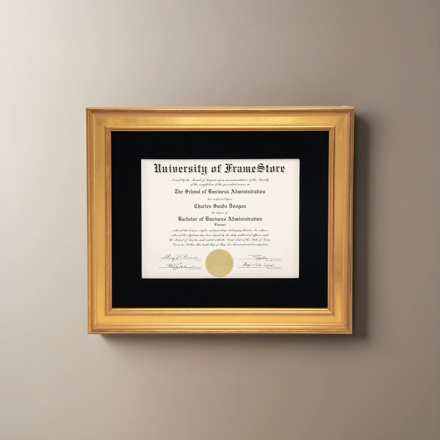 Genuine Gold Leaf Diploma Frame - Black Velvet Matboard - Straight-On Display