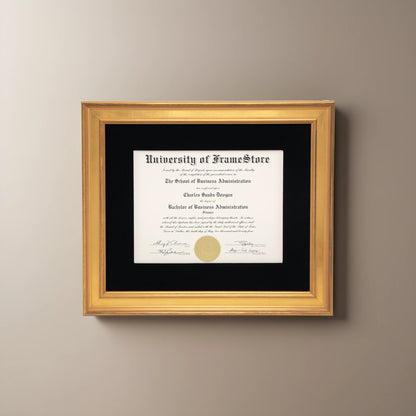 Genuine Gold Leaf Diploma Frame - Black Velvet Matboard - Straight-On Display