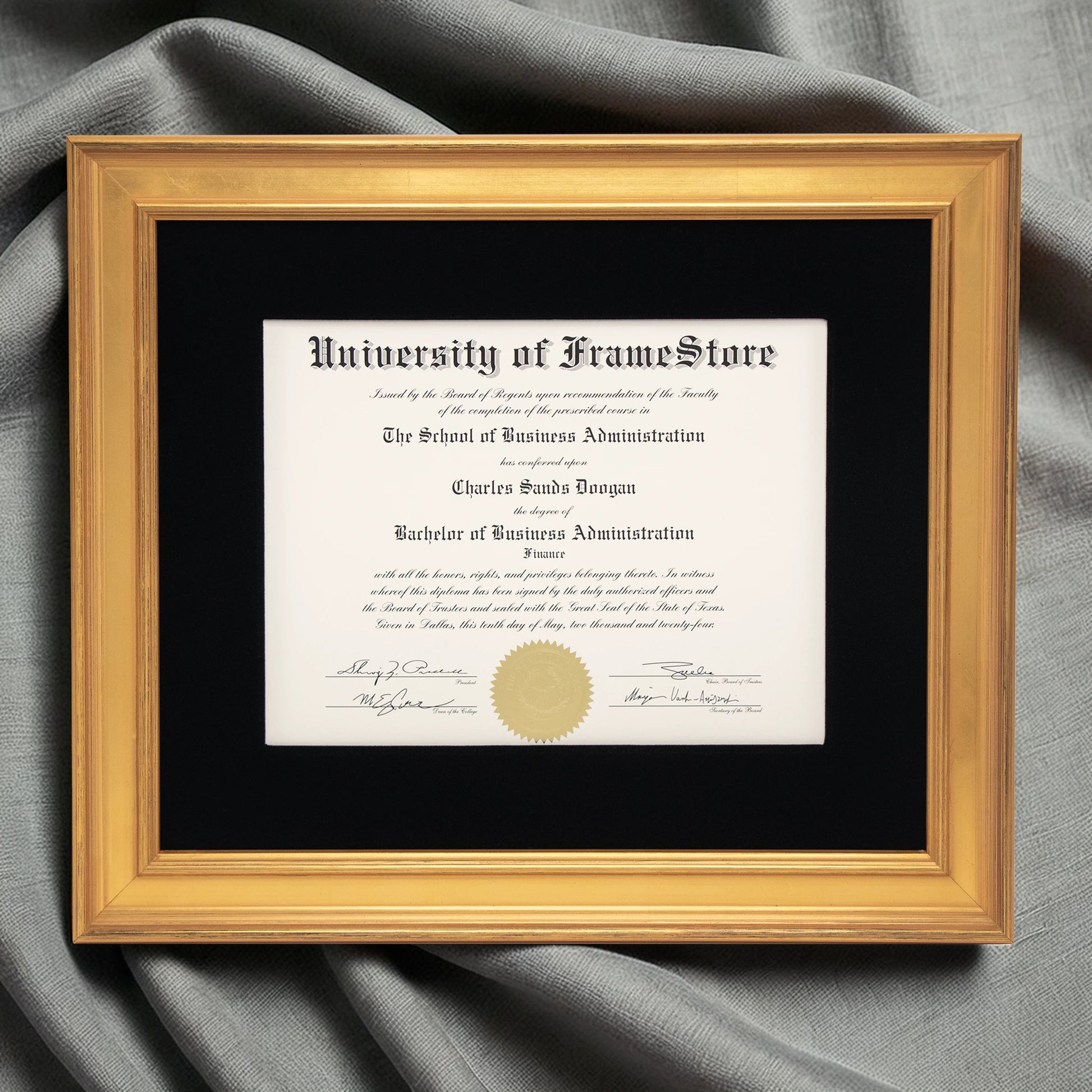 Genuine Gold Leaf Diploma Frame - Black Velvet Matboard - Luxurious Finish Against Soft Fabric