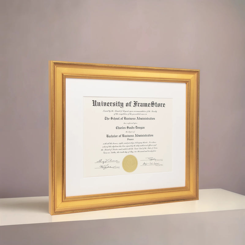 Genuine Gold Leaf Diploma Frame - Off-White Matboard - Angled Perspective for Depth