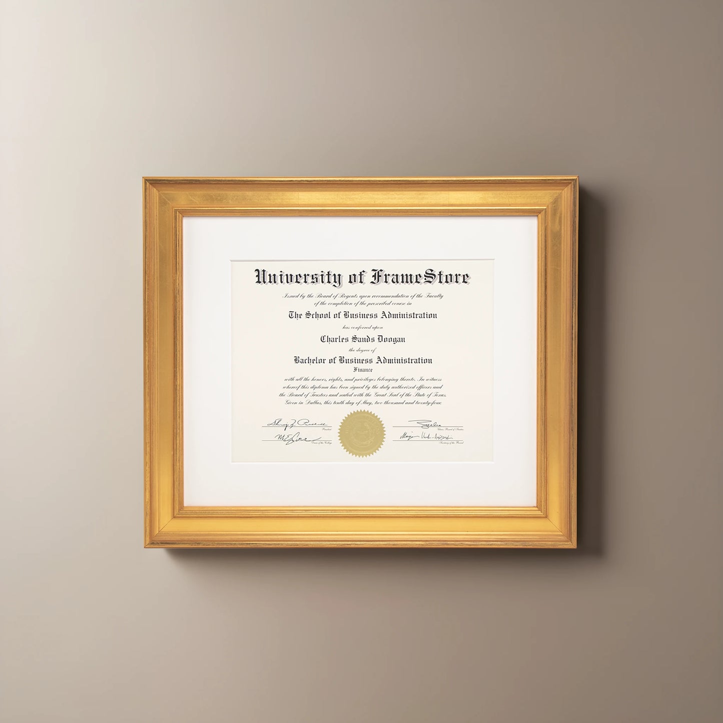 Genuine Gold Leaf Diploma Frame - Off-White Matboard - Straight-On Display